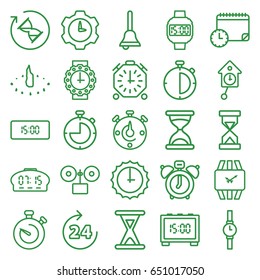 Clock icons set. set of 25 clock outline icons such as 24 hours, hourglass, stopwatch, bell, wrist watch, wrist watch for woman, wrist dial watch, sundial, pendulum