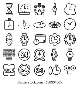 Clock icons set. set of 25 clock outline icons such as 24 hours, alarm, wrist watch, wrist watch for woman, sundial, hourglass