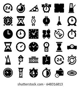 Clock icons set. set of 36 clock filled icons such as wrist watch, 24 support, metronome, bell, wallet, hourglass, sundial, 24 hours, pendulum, alarm