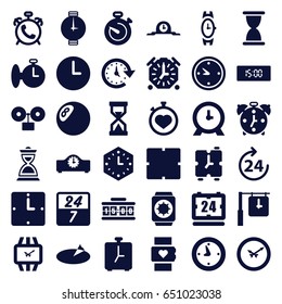 Clock icons set. set of 36 clock filled icons such as 24 hours, alarm, wrist watch, stopwatch, hourglass, time, sundial, wrist watch with sun, 24 7 hour