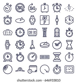 Clock icons set. set of 36 clock outline icons such as 24 hours, alarm, wrist watch, 24 support, stopwatch, bell, hourglass, sundial, 24 7 hour