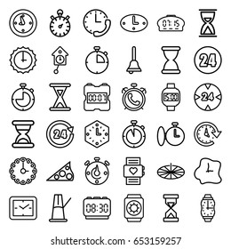 Clock icons set. set of 36 clock outline icons such as alarm, bell, 24 hours, time, hourglass, wrist watch, wrist dial watch, sundial, wrist watch with sun, 24 hour