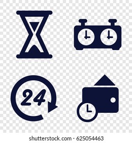 Clock icons set. set of 4 clock filled icons such as wallet, hourglass, 24 hours