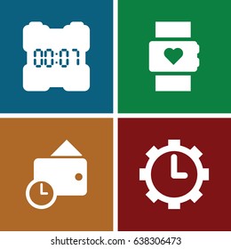 Clock icons set. set of 4 clock filled icons such as wallet