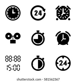 clock icons set. Set of 9 clock filled icons such as 24 hours, wall clock, digital time, 24 hour, alarm