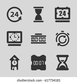 Clock icons set. set of 9 clock filled icons such as 24 support, hourglass