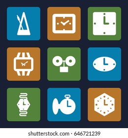 Clock icons set. set of 9 clock filled icons such as metronome, wrist watch, stopwatch
