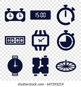 Clock icons set. set of 9 clock filled icons such as wrist watch, sundial, alarm