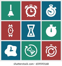 Clock icons set. set of 9 clock filled icons such as wrist watch, stopwatch, bell, wall clock, hourglass