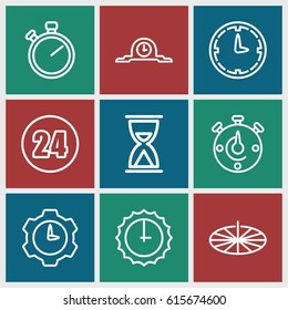 Clock icons set. set of 9 clock outline icons such as sundial, 24 hours, stopwatch