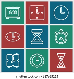 Clock icons set. set of 9 clock outline icons such as alarm, hourglass