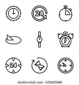 Clock icons set. set of 9 clock outline icons such as 24 support, wrist watch, sundial, 24 hour, hourglass