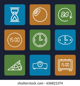 Clock icons set. set of 9 clock outline icons such as sundial, 24 hours