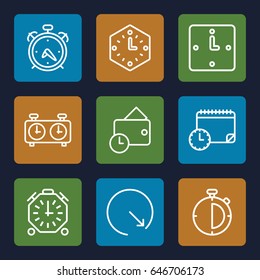 Clock icons set. set of 9 clock outline icons such as alarm, wallet