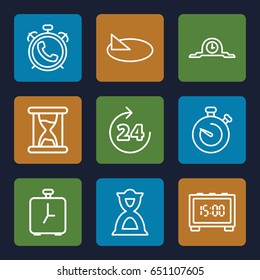 Clock icons set. set of 9 clock outline icons such as 24 hours, alarm, hourglass, stopwatch