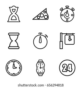 Clock icons set. set of 9 clock outline icons such as hourglass, wrist watch, sundial, 24 hours