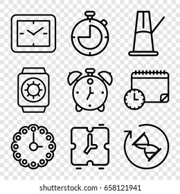 Clock icons set. set of 9 clock outline icons such as wrist watch with sun, hourglass, pendulum, alarm