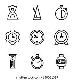 Clock icons set. set of 9 clock outline icons such as hourglass, metronome, wrist dial watch, pendulum
