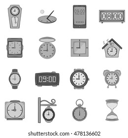 Clock icons set in black monochrome style. Time set collection vector illustration
