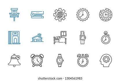 clock icons set. Collection of clock with gear, watch, alarm clock, bell, stopclock, smartwatch, sleep, school, divider, wall settings. Editable and scalable icons.