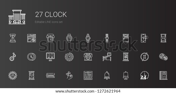 clock icons set. Collection of clock with\
notification bell, notification, setting, hourglass, stapler,\
settings, phone box, sleep, hours, scoreboard. Editable and\
scalable clock icons.