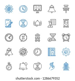 clock icons set. Collection of clock with police box, wall clock, hourglass, bell, stopclock, settings, divider, alarm user list, sketch. Editable and scalable icons.