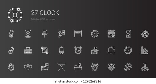 clock icons set. Collection of clock with settings, alarm clock, working, iron table, sleep, bell, stopwatch, school, notification bell, time. Editable and scalable icons.