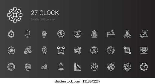 clock icons set. Collection of clock with settings, gear, stationery, notification, school, watch, wall clock, hourglass, working, alarm clock. Editable and scalable icons.