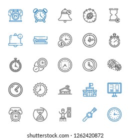 clock icons set. Collection of clock with wall clock, watch, timer, hourglass, alarm clock, scoreboard, school, setting, stopwatch, stapler. Editable and scalable icons.