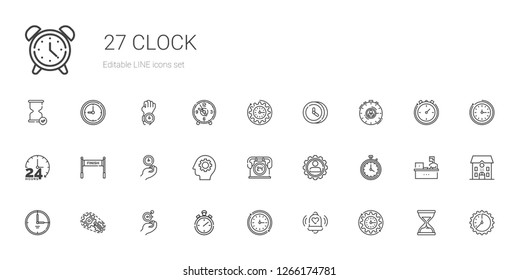 clock icons set. Collection of clock with wall clock, bell, stopwatch, setting, time, settings, hours, gear, finish, hourglass, school, working. Editable and scalable clock icons.