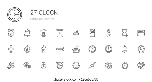 clock icons set. Collection of clock with watch, wall clock, alarm stopclock, setting, settings, school, stapler, limited time, wake up. Editable and scalable icons.