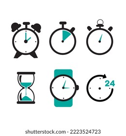Ajuste de iconos de reloj. Diferentes tipos de relojes y diales. Ilustración vectorial en estilo doodle.