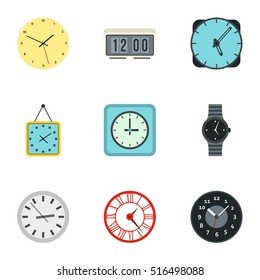 Clock icons set. Flat illustration of 9 clock vector icons for web