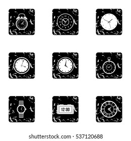 Clock icons set. Grunge illustration of 9 clock vector icons for web