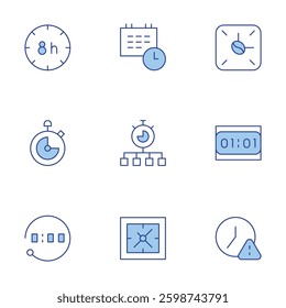 Clock icons set. Line Duotone style, editable stroke. time, time management, deadline, clock, digital clock, chronometer, hours.