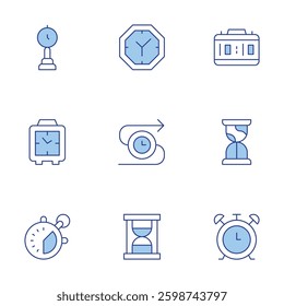 Clock icons set. Line Duotone style, editable stroke. time management, time, sand clock, digital clock, clock.