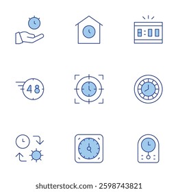 Clock icons set. Line Duotone style, editable stroke. focus, time management, save time, hours, digital alarm clock, clock, waiting.