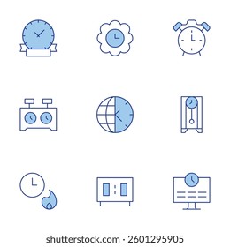 Clock icons set. Line Duotone style, editable stroke. coming soon, clock, chess clock, cuckoo, alarm, time zone, wall clock.