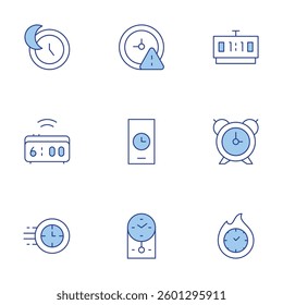 Clock icons set. Line Duotone style, editable stroke. expired, wall, alarm clock, desk, sleeping, time.