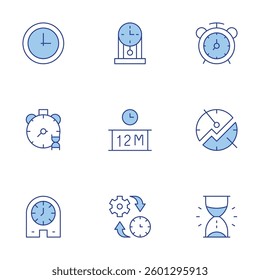 Clock icons set. Line Duotone style, editable stroke. time management, shelf life, cuckoo, table, alarm clock, sand clock, dna.