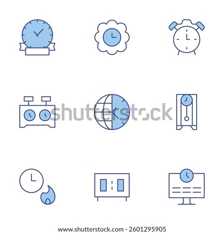 Clock icons set. Line Duotone style, editable stroke. coming soon, clock, chess clock, cuckoo, alarm, time zone, wall clock.