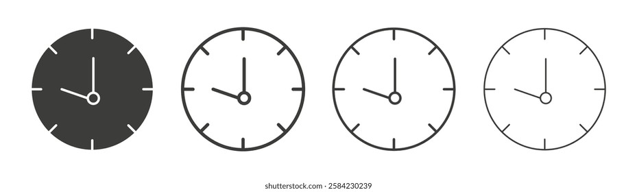 Clock icons set. Liner outlined and flat black color