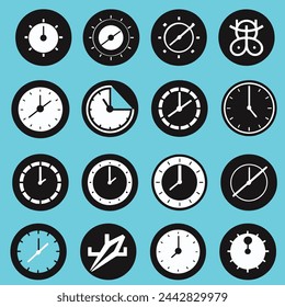  Clock Icons Set on White Background. Vector illustration, Set of different clock icons in flat style, minimalistic timers on blue background. Business watchs. Circle black isolated flat classic clock