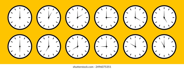 Clock icons set. Round clocks faces with different time. Time graphic symbol. Watch face flat illustration.