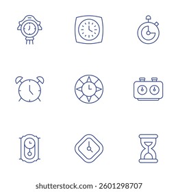 Clock icons set. Thin Line style, editable stroke. wall clock, clock, alarm clock.
