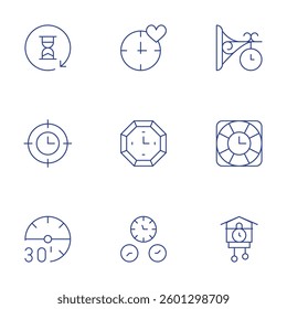 Clock icons set. Thin Line style, editable stroke. waiting, target, minutes, wall clock, clock.