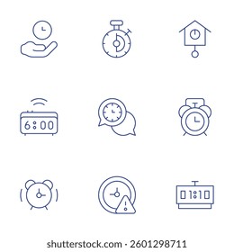 Clock icons set. Thin Line style, editable stroke. timer, coordination, expired, wall clock, alarm clock, desk clock, time.