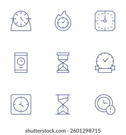 Clock icons set. Thin Line style, editable stroke. time, coming soon, delay, clock, sand clock, hourglass.