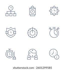 Clock icons set. Thin Line style, editable stroke. time management, coming soon, cleaning, wall clock, tower, sun.