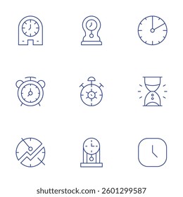 Clock icons set. Thin Line style, editable stroke. alarm, cuckoo clock, table clock.